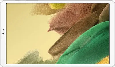 A white tablet with a colorful abstract wallpaper displayed on its screen.
