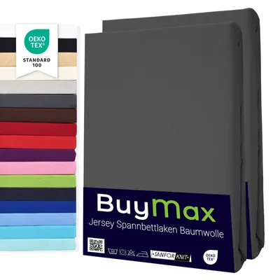 Produktbild von Buymax Spannbettlaken 100x200cm Doppelpack 100% Baumwolle Spannbetttuch Bettlaken Jersey, Matratzenhöhe bis 25 cm, Farbe Anthrazit