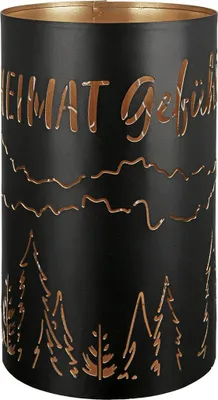 Produktbild von Gilde Windlicht, zylindrisch, Heimat Gefühl, Schriftzug, Metall, schwarz, VE 4, D. 10 cm Höhe: 14.00 cm Durchmesser: 10.00 cm 69139
