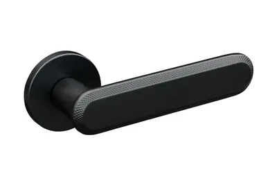 A black door handle on a white background.