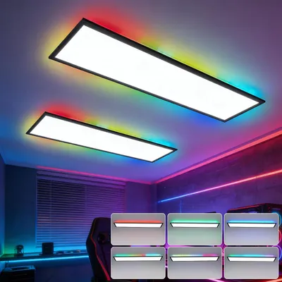Productafbeelding van ZMH LED-paneel, 2 stuks, 100x25 cm, dimbaar, RGB-achtergrondverlichting, lange plafondlamp, plat ontwerp met afstandsbediening, grote bureaulamp, 24W, zwart, voor speelkamer