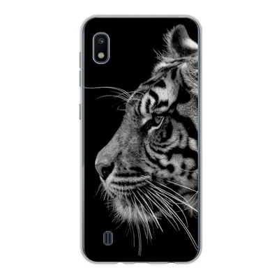 Produktbild von MuchoWow® Handyhülle Schutzhülle Hülle für Samsung Galaxy A10 Tiger auf schwarzem Hintergrund in schwarz und weiß Silikon Softcase Handy Hülle - Schutzhülle