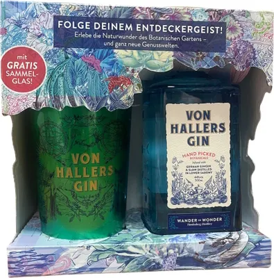 Produktbild von Von Hallers Gin Hand Picked Botanicals alk. 44,0 % vol 0,5L + Sammelglas für Entdecker "GRÜN"