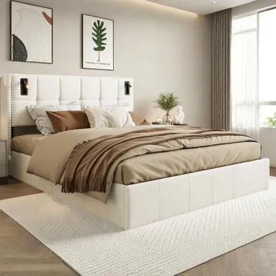 Immagine prodotto di Letto imbottito ProximaX 160 x 200 com, letto matrimoniale con luce di lettura, letto contenitore idraulico con doghe in legno massiccio e metallo, beige