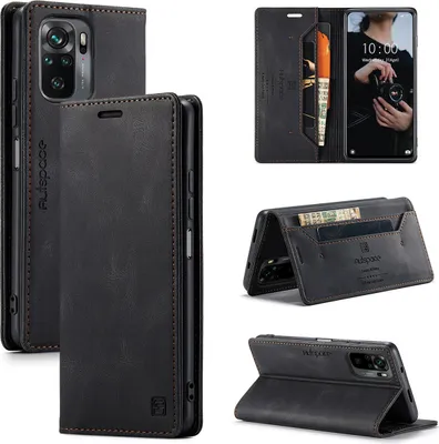 Obrázek produktu pro Redmi Note 10 4G Wallet Case Cover, RetroPolyuretankožené pouzdro Stand Protective Cover pro Xiaomi Redmi Note 10 4G / Note 10S Black