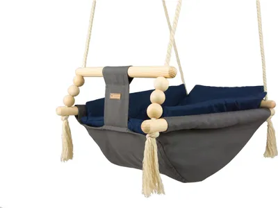 Produktbild von Baby Hängewippe mit Gurt, Holz & Baumwolle, grau, marineblau, bis 20kg