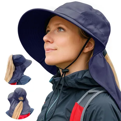 Immagine prodotto di Cappello da sole da donna con protezione per il collo, protezione UV 50, pieghevole, traspirante, con dettaglio a coda di cavallo, cappello estivo, blu navy, taglia XL-XXL