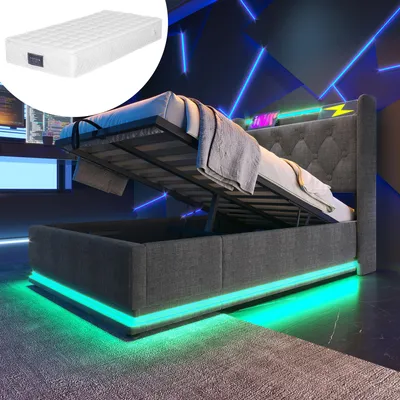 Immagine prodotto di Letto singolo imbottito, LDE90 x 200 cm, materiale lino grigio Letto contenitore idraulico, testata con USB Type-C con materasso