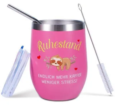 Produktbild von Kaffeebecher Renteneintritt Geschenk 350ml Edelstahl mit Deckel und Strohhalm