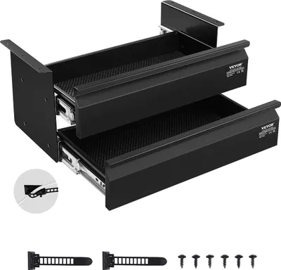 A pair of black, double-layered under-desk drawers with mounting hardware and screws displayed on a white background.