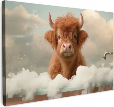 Produktbild von MuchoWow® - Leinwandbilder - Schottischer Hochländer - Bad - Schaum - Kuh, Wandbild, Wanddeko Bilder Wohnzimmer, 120x80 cm