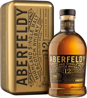 A bottle of Aberfeldy 12 Year Old Highland Single Malt Scotch Whisky and its accompanying tin packaging are presented against a white background.