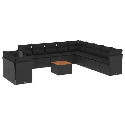 Produktbild von Modulare Garten-Sitzgruppe, 12-teilig, mit abnehmbaren Kissen, aus schwarzem Poly Rattan, pulverbeschichtetem Stahl & Akazienholz, UV-beständig
