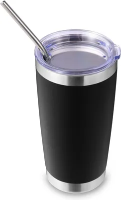 Imagen del producto de Vasos de acero inoxidable, con doble pared aislante, de 550 ml, con tapa y pajita, ideales para llevar