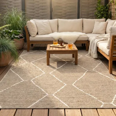 Produktbild von Volero - Outdoor Jute Teppich - Fora Lines Natural - 120x170 cm - Wohnzimmer, Esszimmer, Schlafzimmer, Balkon, Garten, Terrasse - Boho, Industrielle, Ländlich