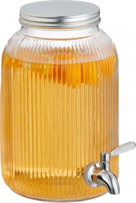 Produktbild von Relaxdays Getränkespender, dekorativer Limobehälter 4L, Zapfhahn u. Deckel, Wasserspender, Glas & Edelstahl, transparent