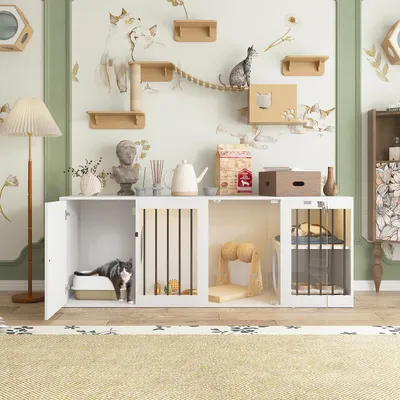 Produktbild von Katzenschrank mit Klarglastür und Schloss, Katzenkloschrank mit 2 Löchern und 7 Farbigen Lichter, für 2 Katzen, Weiß, MDF+Metal+Glas, 160 x 50 x 60 cm