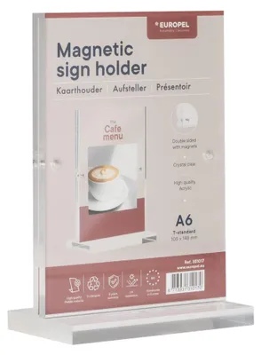 Tischaufsteller A6 Acryl mit Magneten, T-Ständer, doppelseitig