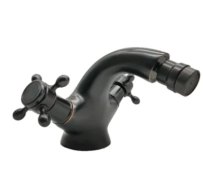 A close-up studio shot of a black bidet faucet.