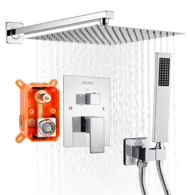 Image de Robinet de douche VEVOR Système de douche à effet pluie pour salle de bain Système de douche avec pommeau de douche à effet pluie carré de 305 mm & douchette à main, robinetterie de salle de bain murale avec robinet en laiton & kit de finition, chrome argenté