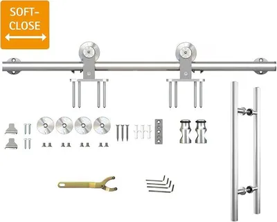 Produktbild von Edelstahl Beschlagset mit Laufschiene Komplettset Schiebetür-Beschlag Schiebetürsystem 200cm mit Stangengriff und Softclose
