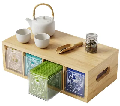 Tee-Aufbewahrungsbox, Bambus, 4 Fächer, Holzlackierung