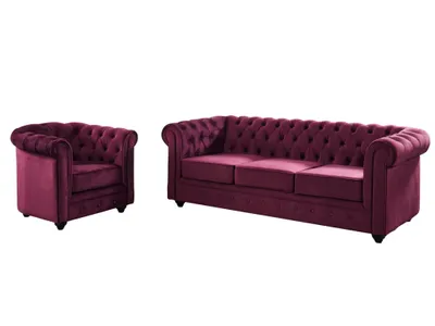 Produktbild von Couchgarnitur 3+1 - Samt - Pflaumenfarben - CHESTERFIELD