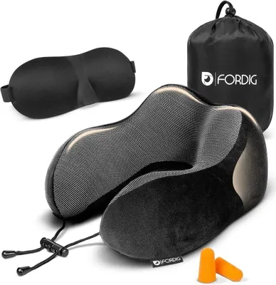Imagen del producto de Almohada para el cuello de espuma viscoelástica, con antifaz y tapones para los oídos, diseño ergonómico, ideal para viajes