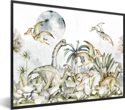 Produktbild von MuchoWow® Gerahmtes Poster Dinosaurier - Kinder - Dschungel - Grün - Tiere - Natur 80x60 cm - Poster mit Schwarzem Bilderrahmen Wandposter Rahmen Foto Bilder - Schwarzem - Mit Gestell