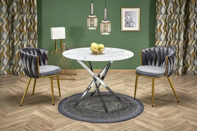 Produktbild von Esstisch RAYMOND 3 rund Glasplatte Marmoroptik Ø100 cm Höhe 73 cm Gestell Silber