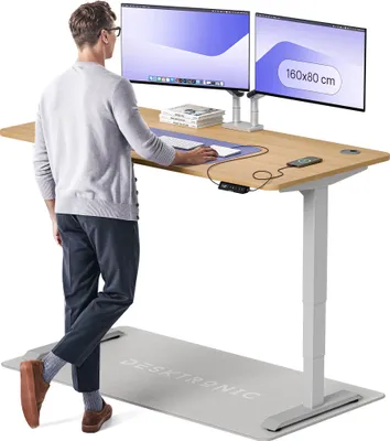 Zdjęcie produktu dla Desktronic HomePro biurko z elektryczną regulacją wysokości 160x80cm szary/dąb z funkcją pamięci, technologią antykolizyjną, portami ładowania USB-A i USB-C
