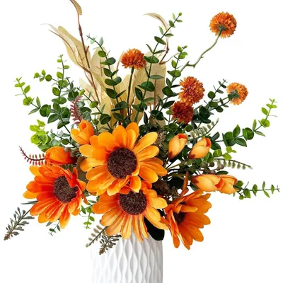 Image de Décoration de tournesols artificiels, bouquet d'automne, 32 cm, orange et vert, lot de 5