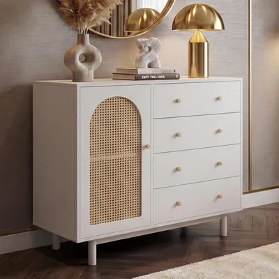 Produktbild von Kommode MCW-P52, Schrank Sideboard Highboard, Schubladen Staufächer, Poly-Rattan MDF Melamin 95x100x40cm weiß