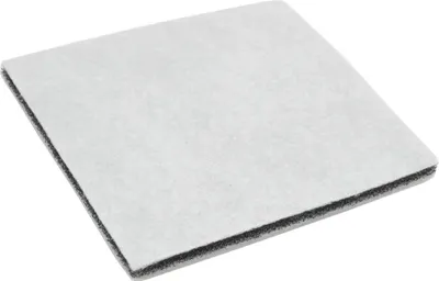 A close-up, angled view of a square-shaped, flat filter with a white fibrous top layer and a black bottom layer, set against a plain white background.