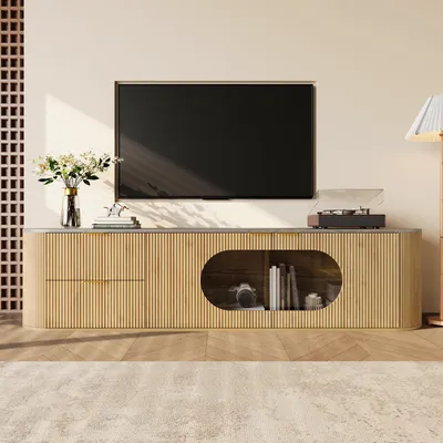 Produktbild von Merax Moderner TV-Schrank mit 3D-Türfronten und ovaler Glastür, Multifunktionale TV Lowboard für Fernseher bis 75 Zoll, Wohnzimmerschrank in Holzoptik
