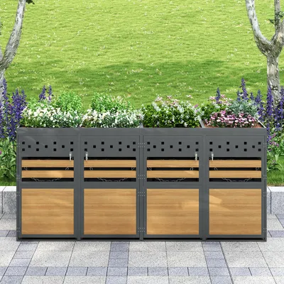 Productafbeelding van Afvalcontainerbox - 264 x 80 x 125 cm, antraciet en grijs, verzinkt staal, geschikt voor 4 afvalcontainers, met plantenbak, afsluitbaar, geventileerd