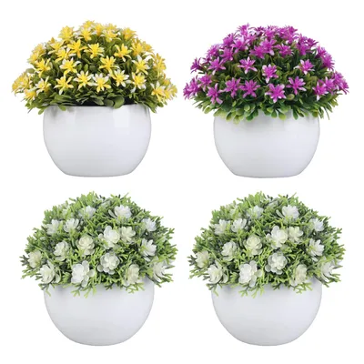 Image de 4 Plantes Artificielles Fleuries en Pot Blanc, Décoration Intérieure Fleurie
