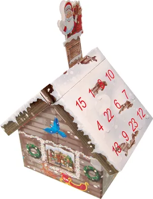 A Christmas advent calendar shaped like a house, decorated with snow and festive imagery.