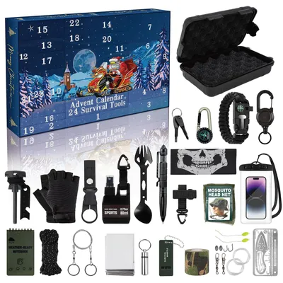 Produktbild von Survival Kit Adventskalender 2026 für Männer 24 Tage Weihnachts-Countdown mit Outdoor-Überlebenswerkzeugen Camping Wandern Angelausrüstung Geschenk Blau