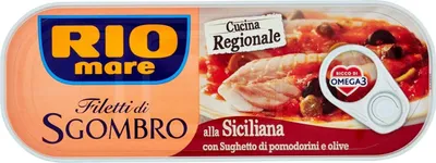 Produktbild von 6x Rio Mare Filetti di Sgombro alla Siciliana Makrelenfilets mit Tomaten-Oliven-Sauce 120g reich an Omega 3