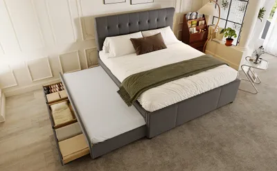 Produktbild von okwish Polsterbett 140x200cm Doppelbett, Familienbett Bett mit drei Schubladen, ausziehbares Bett, Verstellbares Kopfteil, Leinen Grau