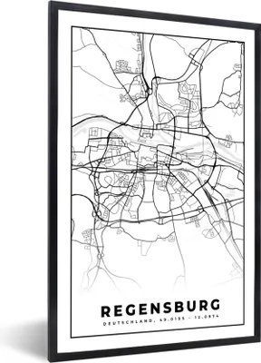 Produktbild von MuchoWow® Gerahmtes Poster Regensburg - Karte - Stadtplan - Wegbeschreibung 40x60 cm - Poster mit Schwarzem Bilderrahmen Wandposter Rahmen Foto Bilder - Papierdruck - Wandbilder