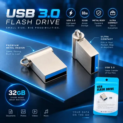 Produktbild von 32GB Mini USB Stick Flash Laufwerk Drive klein Silber mit Öse, KI-generiertes Bild
