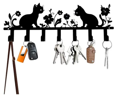 Produktbild von Schlüsselbrett Schwarz mit Katzenmotiv und 7 Haken