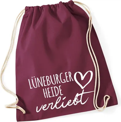Produktbild von Huuraa Turnbeutel Lüneburger Heide verliebt 12 Liter Burgundy Baumwolle Rucksack Geschenkidee