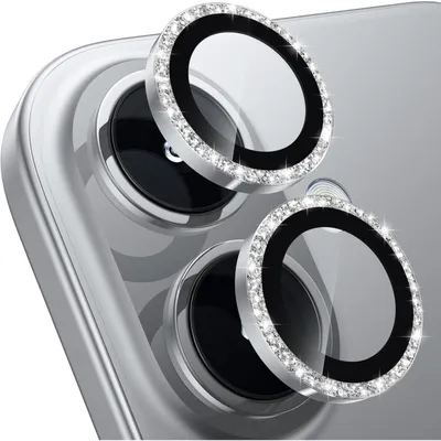 Zdjęcie produktu dla Pancerz ochronny na obiektyw aparatu do iPhone 17/16/16 Plus, twardość 9H, odporny na zarysowania, bezpowietrzny, wykonany z hartowanego szkła metalicznego, kolor: srebrny z brokatem