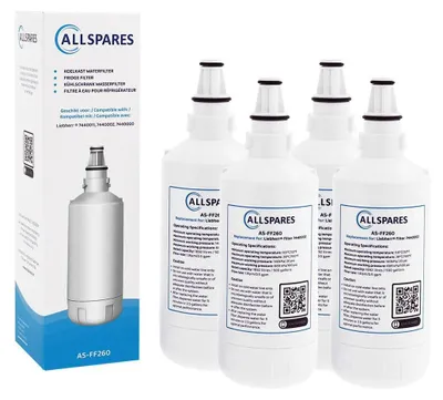 A product shot of four refrigerator water filters and a box containing one filter.