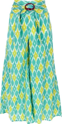 Produktbild von Luftige Sommerhose mit Kokosschnalle, Boho Palazzohose, Weite Baumwollhose - Grün/gelb, Damen, Baumwolle, Größe: S