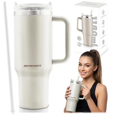 Produktbild von Berdsen Vakuum-Thermosbecher mit Strohhalm 1180 ml Creme