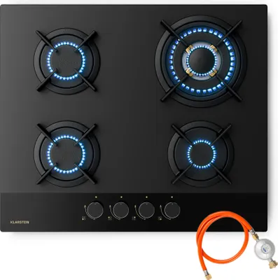 Image de Klarstein Goldflame Nano Plaque De Cuisson Gaz, 4 Brûleurs Laiton, 8kW, 60cm, Verre Nano, Allumage Auto & Sécurité Flamme, Compatible GN/GPL, Kit Conversion Inclus, Plaque Gaz Cuisine